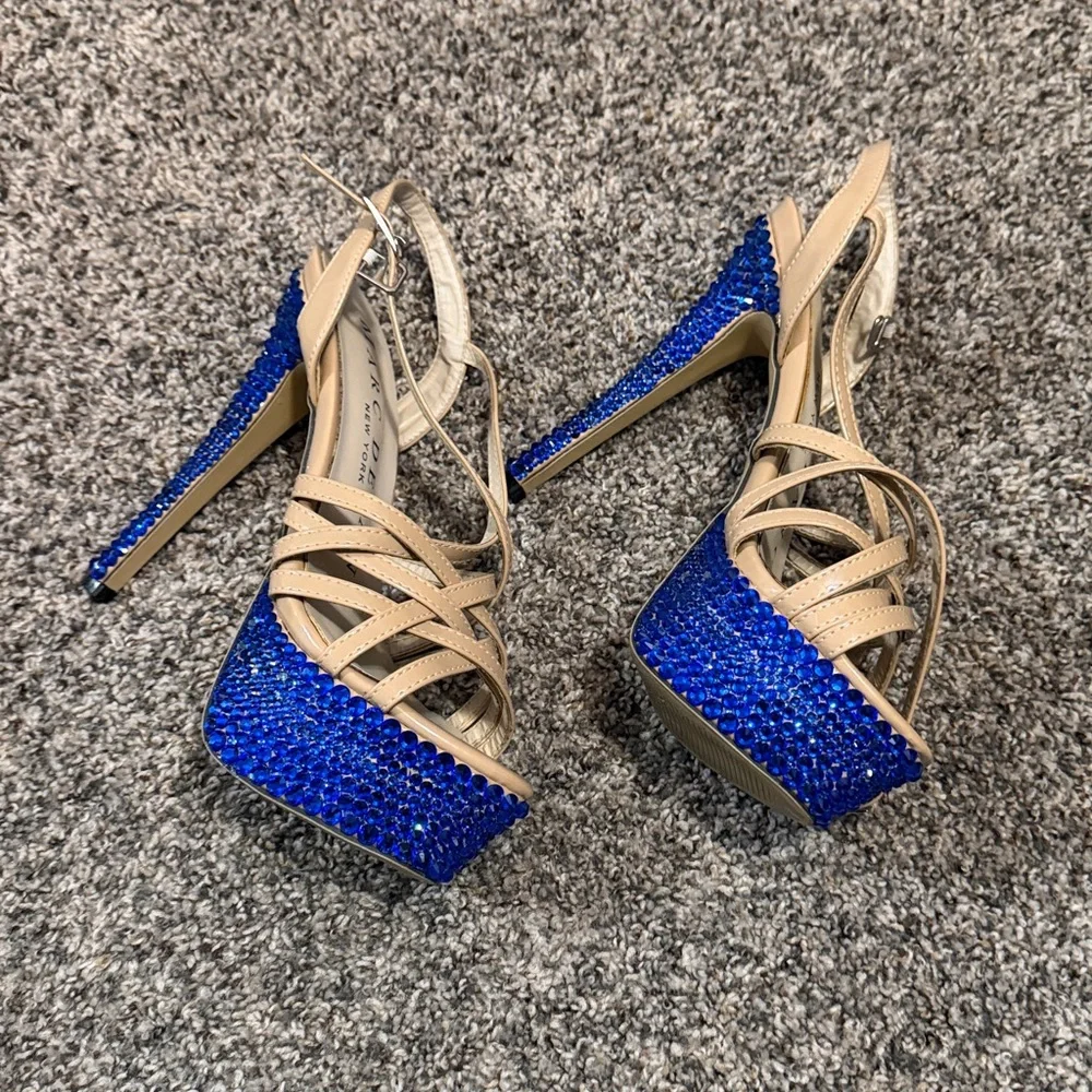 Marc Defang Tan and Blue Rhinestone Women's Heels Size 7